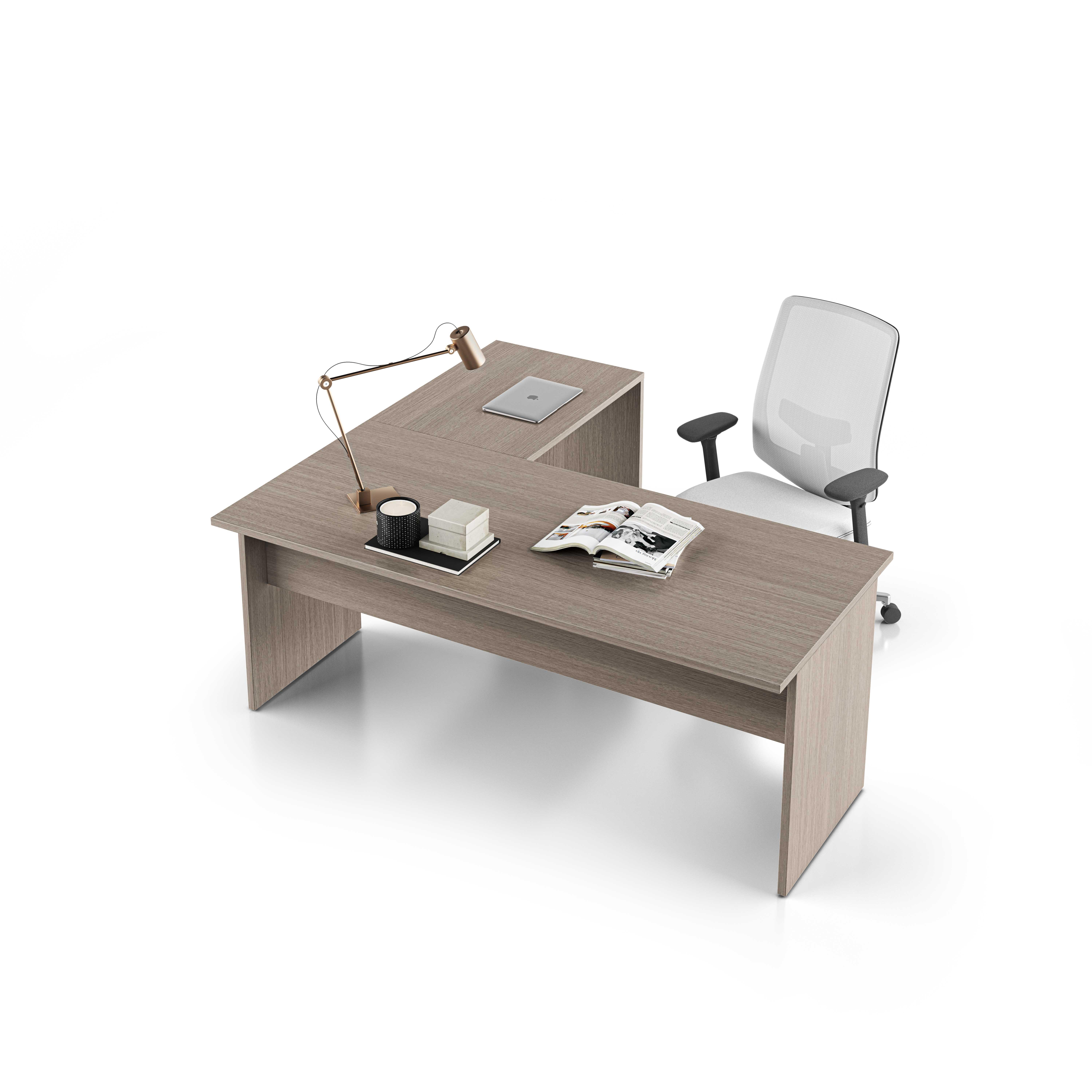 Scrivania con allungo da 60cm,80cm,100cm o 120cm, colore Rovere Twist, in melaminico, piani spessore 25mm bordati in ABS.
