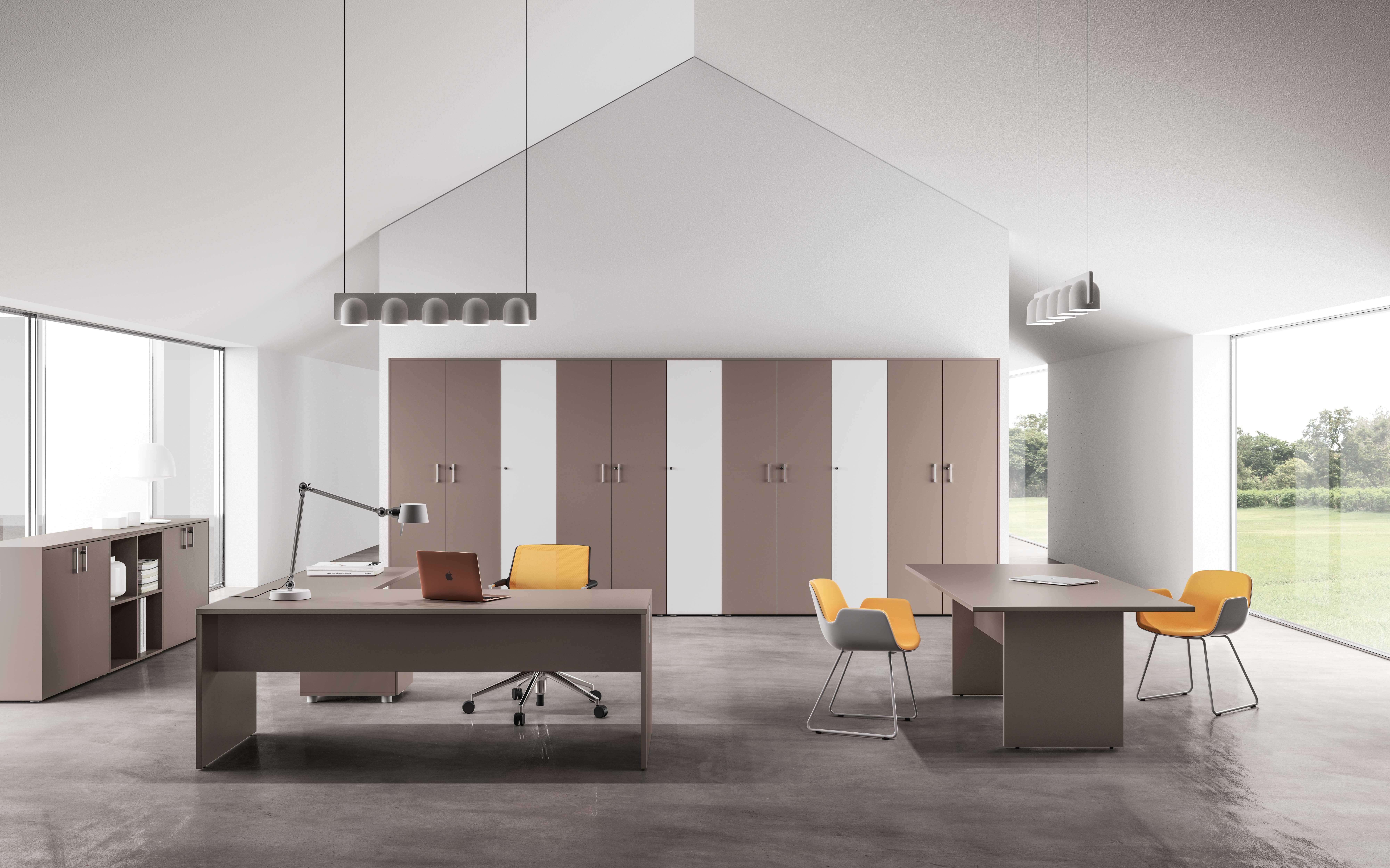 A sx: Scrivania con allungo da 60cm,80cm,100cm o 120cm,colore Rovere Twist, in melaminico, piani spessore 25mm bordati in ABS.

A dx: Scrivania in melaminico, colore Rovere Twist, piani spessore 25mm bordati in ABS.
