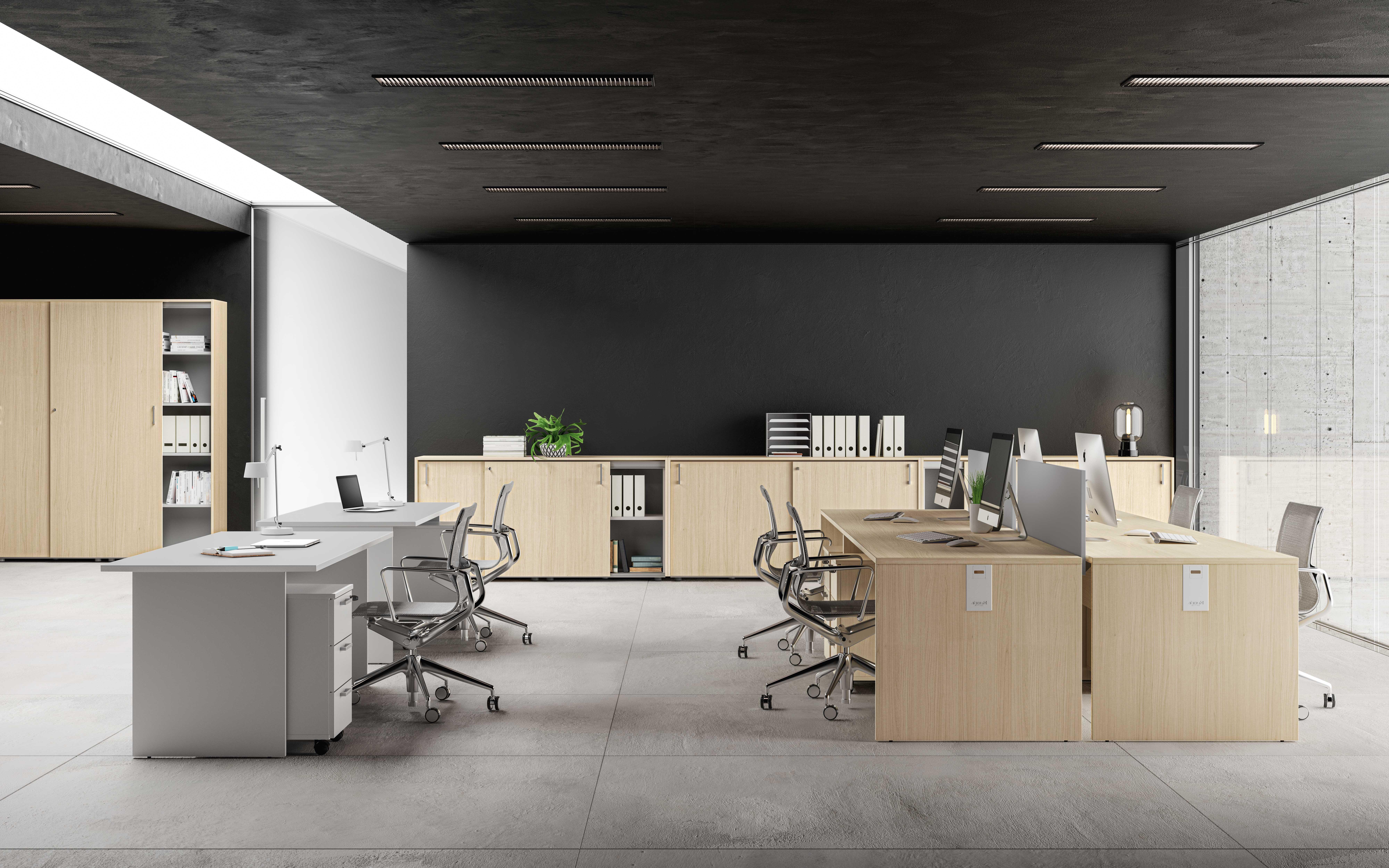 Scrivania in melaminico, piani spessore 25mm bordati in ABS. Disponibile anche con placca passa-cavi. 
Colori disponibili: Bianco, Noce, Acero, Rovere Twist e Grigio.