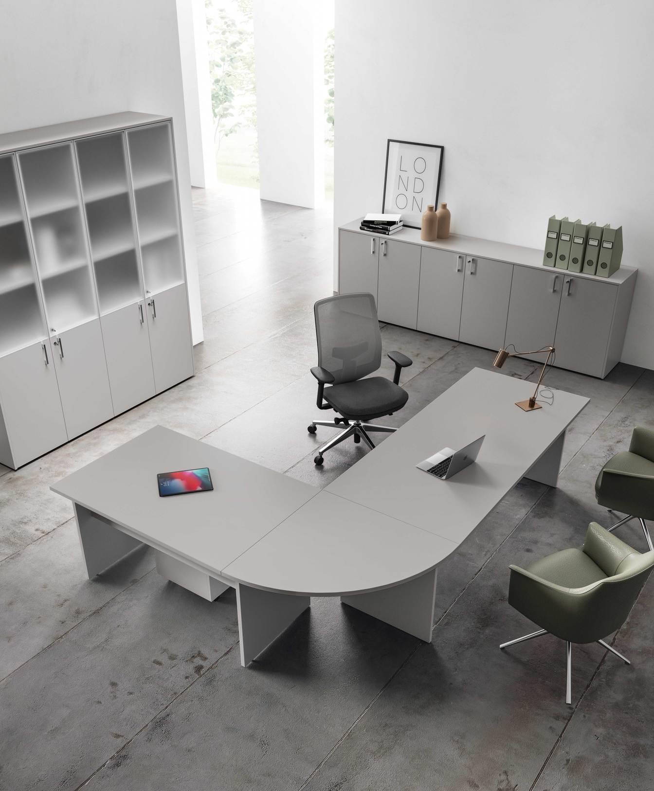 Workstation sinistra o destra, piani in melaminico, spessore 25mm bordati in ABS, colore Grigio. 