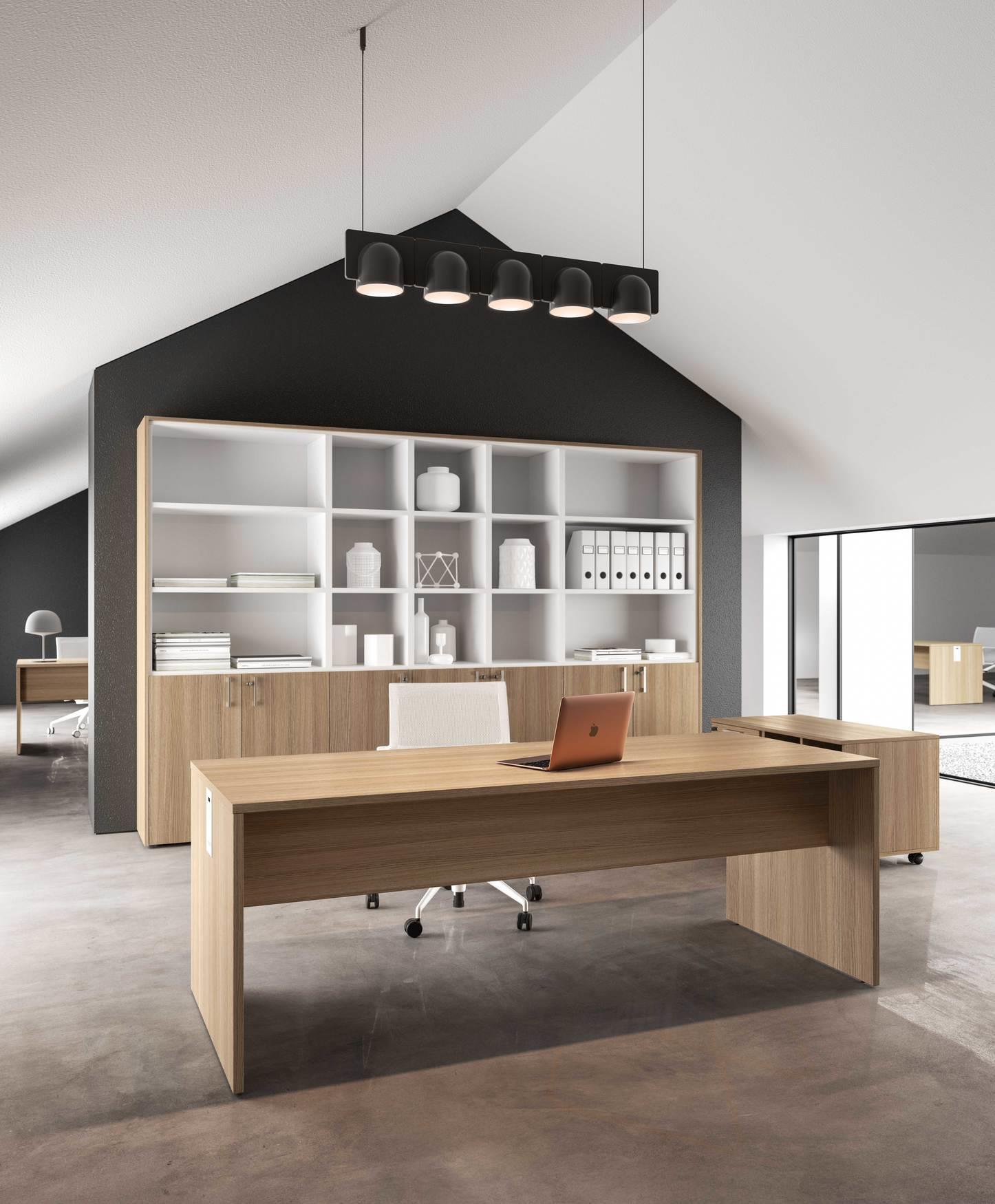 Scrivania con placca passa-cavi, in melaminico, piani spessore 25mm bordati in ABS. Colore Rovere Twist.  
