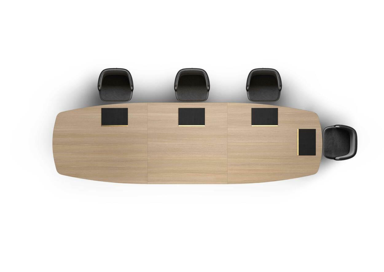 Tavolo riunioni di colore Rovere Twist, sagomato con gambe disponibili in NERO o BIANCO, con piano il nobilitato melaminico.
