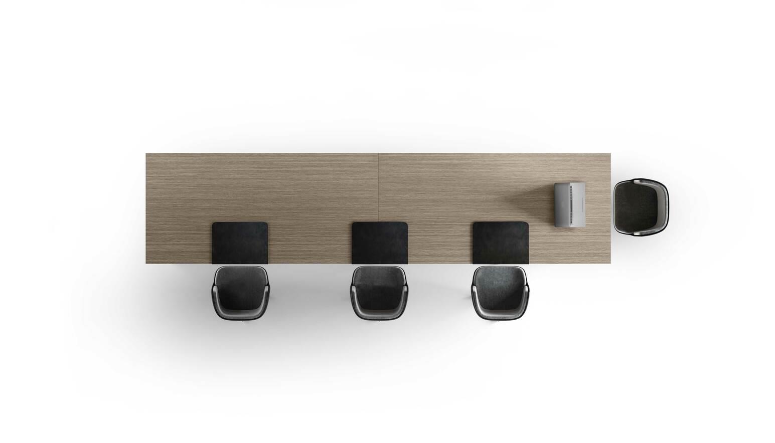 Tavolo riunioni di colore Rovere Twist con gambe disponibili in NERO o BIANCO, con piano il nobilitato melaminico.
