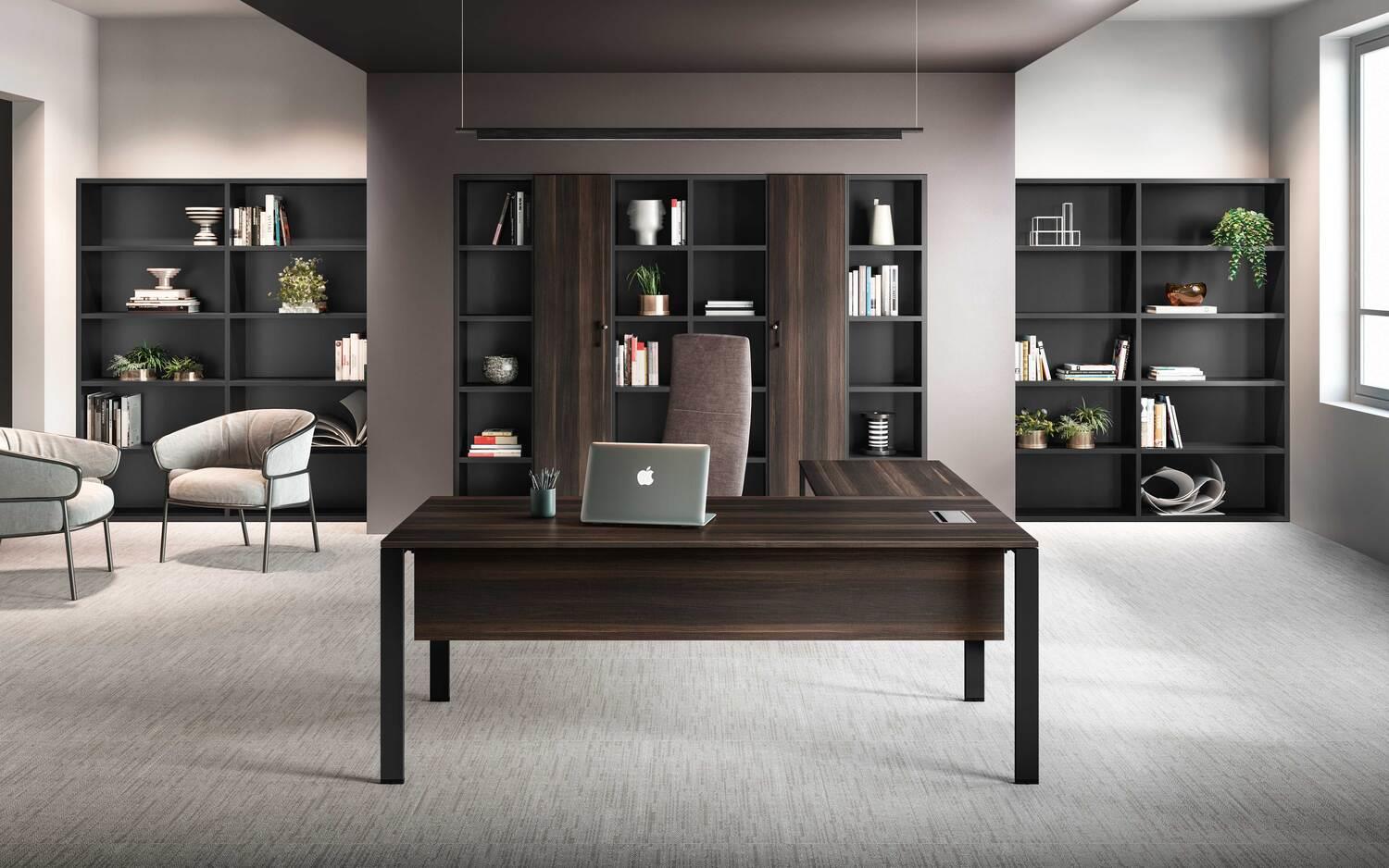 Workstation destra o sinistra con gonna, color Eucalipto, con gambe a U, disponibili in bianco, alluminio e nero. 